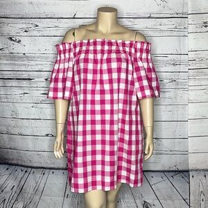 Collyn Raye Size XL Pink & White Gingham Plaid Off the Shoulder Dress w/ Pockets